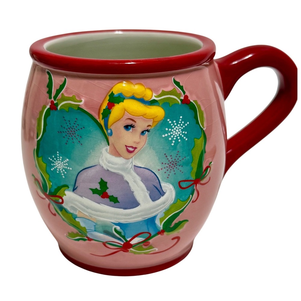 Disney Cinderella Holiday Christmas Coffee Mug Pink Red Winter Snowflakes Chip
